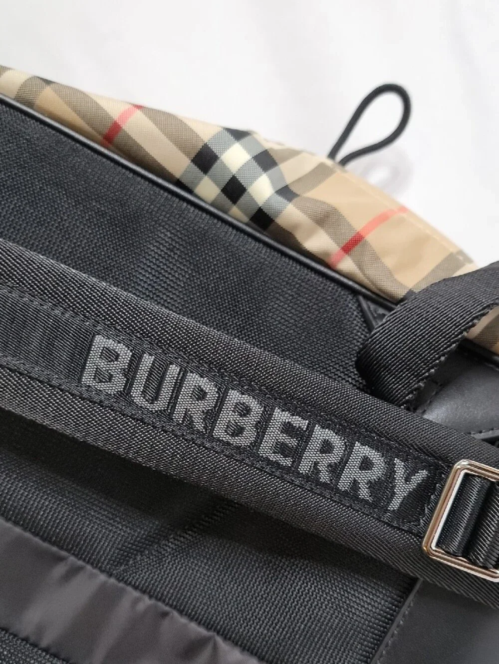 Burberry Beige Plaid Backpack with Black & Red Accents